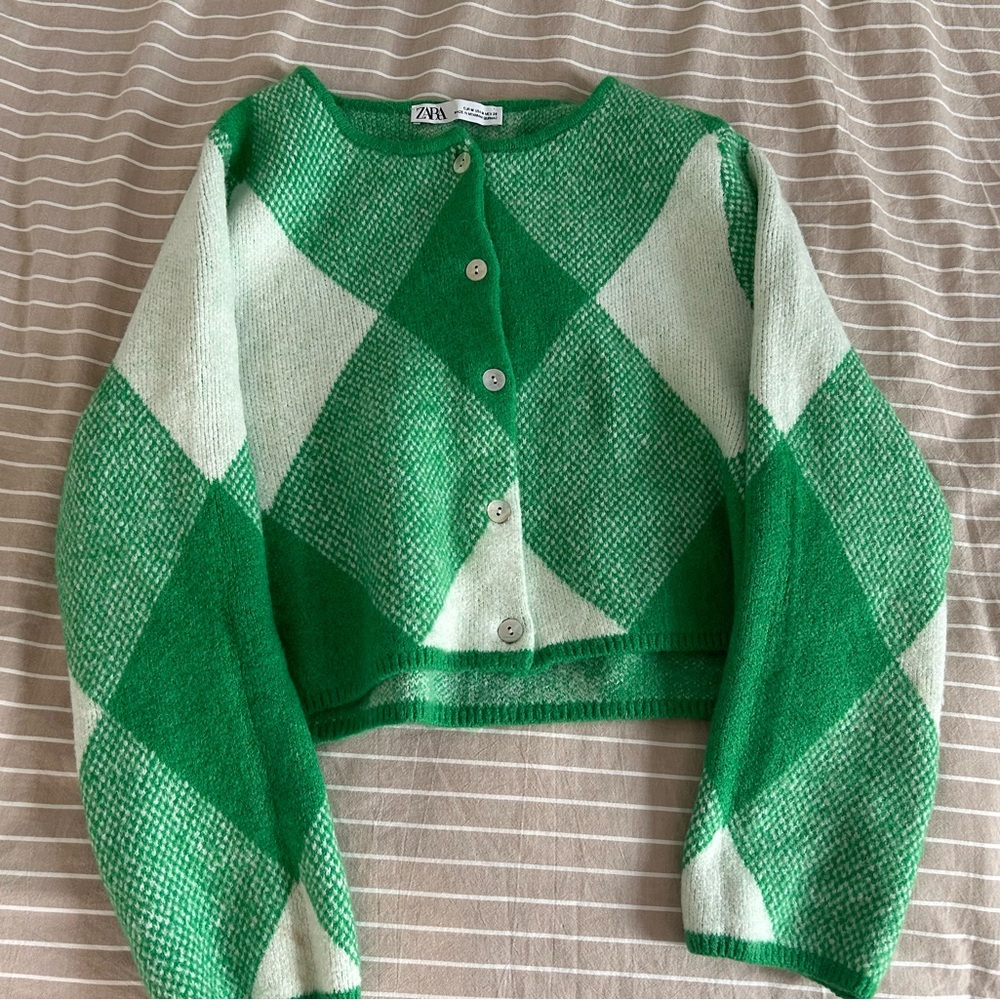 Zara Green and Cream Argyle Cropped Cardigan